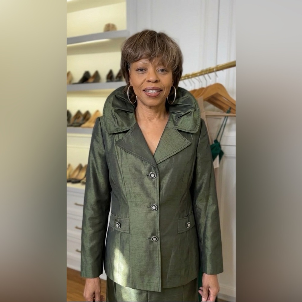 Olive Green Church Skirt Suit Set– Elegant 2-Piece Satin with Rhinestone Buttons